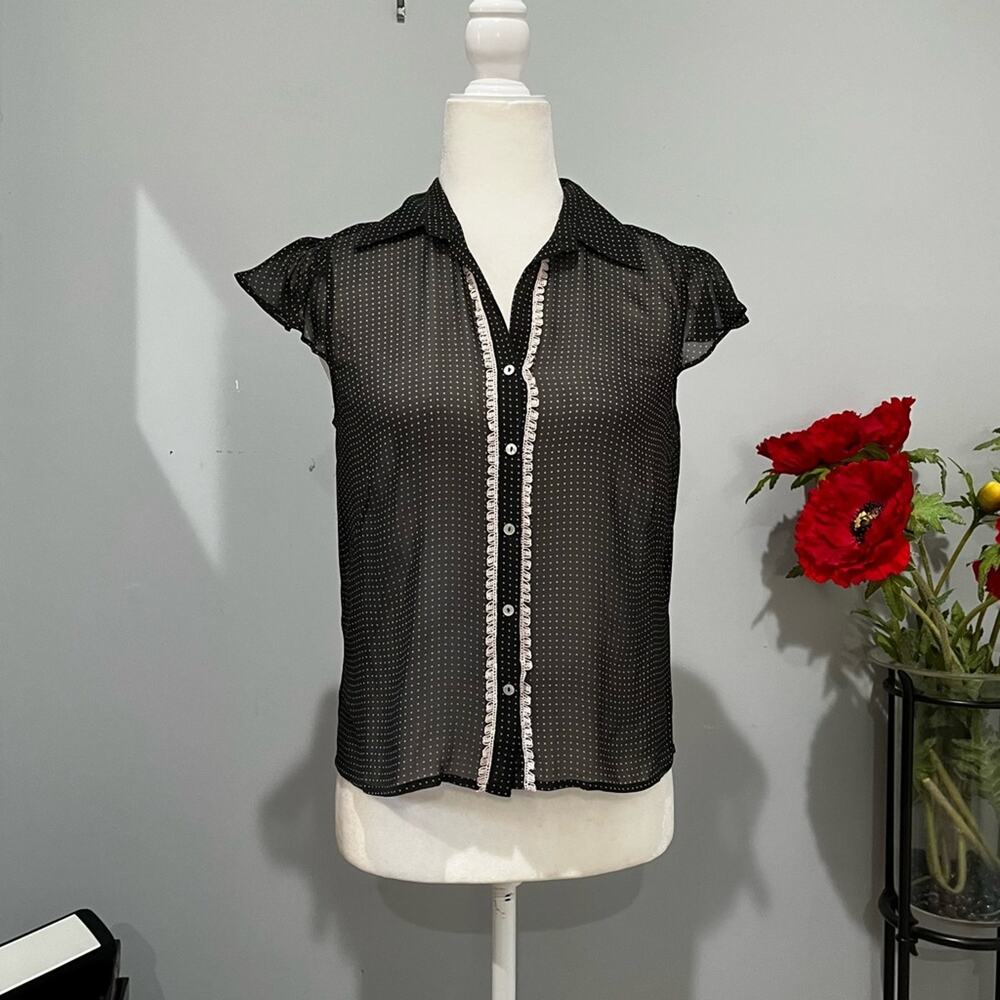 NEW Max Studio Silk Polka Dot Lace Trim Flutter Cap Sleeve Sheer Blouse S NWOT - Picture 7 of 16